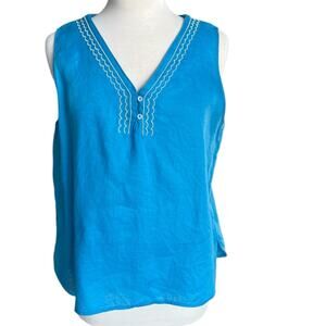HIHO Tortola Linen Embroidered Sleeveless Top Blue Resort Coastal Scallop Large